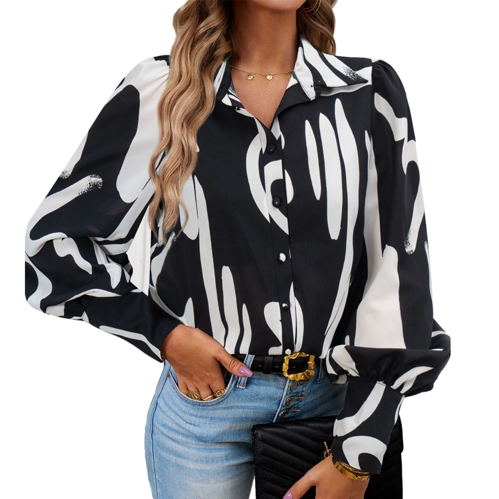 Women Button Down Shirt Printed Loose Comfortable Long Sleeve Collared Blouse for Work Shopping Office School Black S