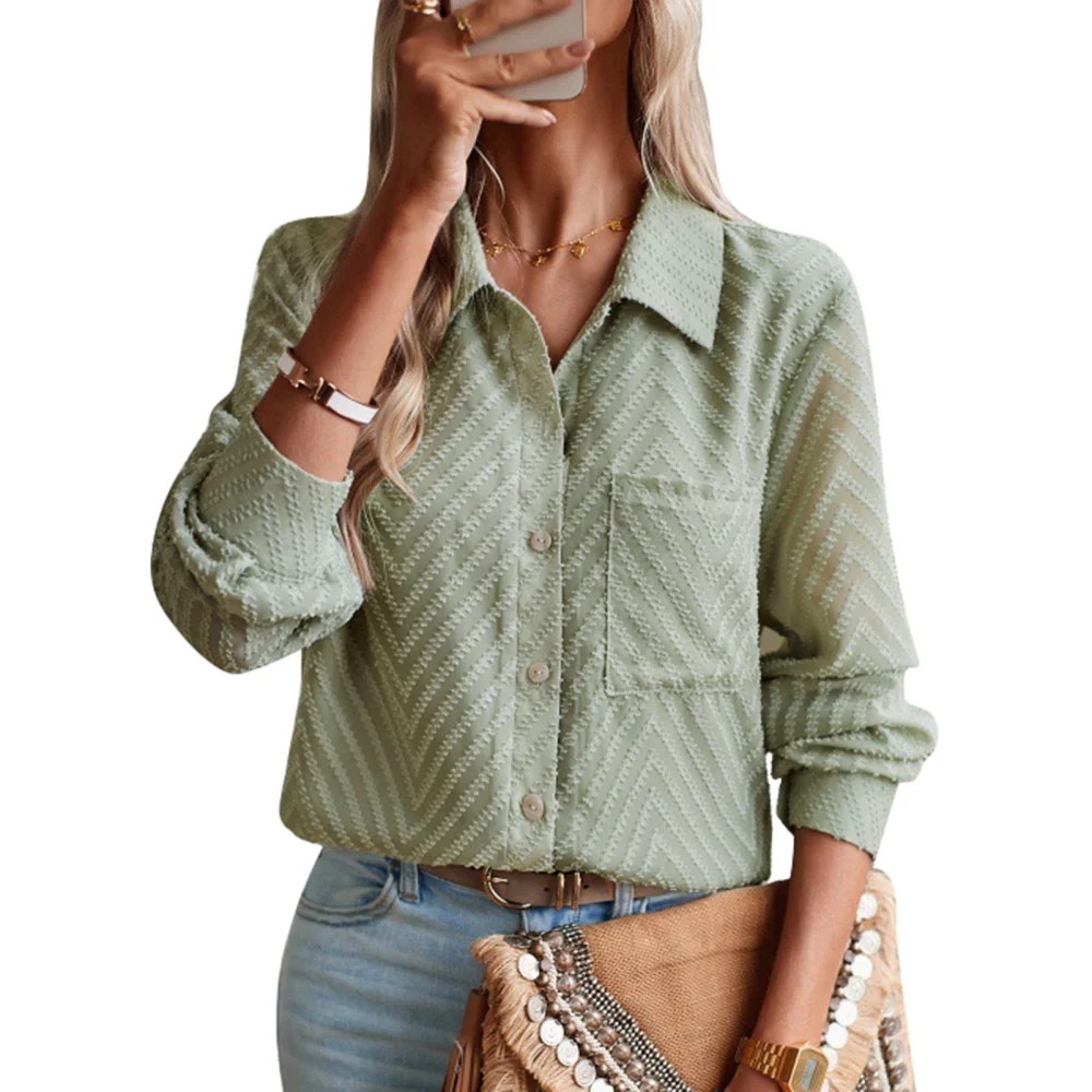 Women Long Sleeve Button Up Blouse Turn Down Collar Chest Pocket Pure Color Jacquard Shirt Top Green S