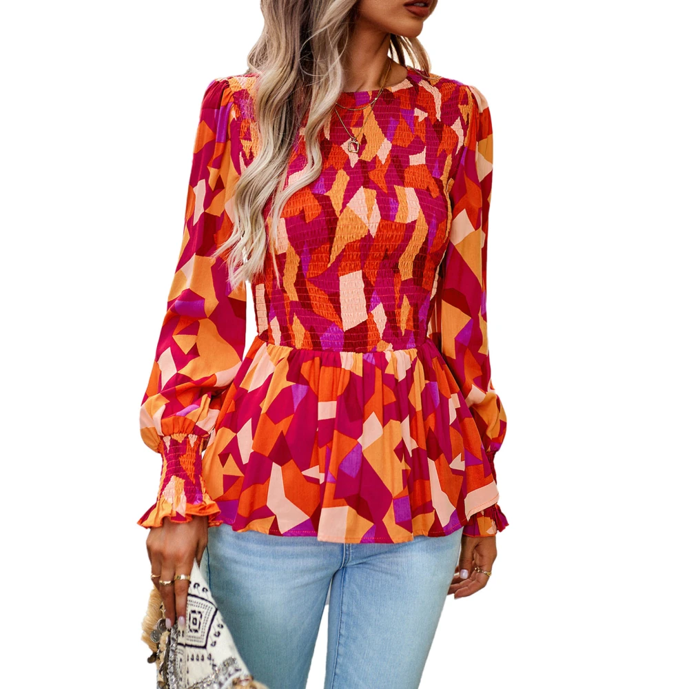 Women Blouse Long Lantern Sleeve Round Neck Shirred Ruffle Hem Print Casual Lady Top for Autumn Winter Red XL