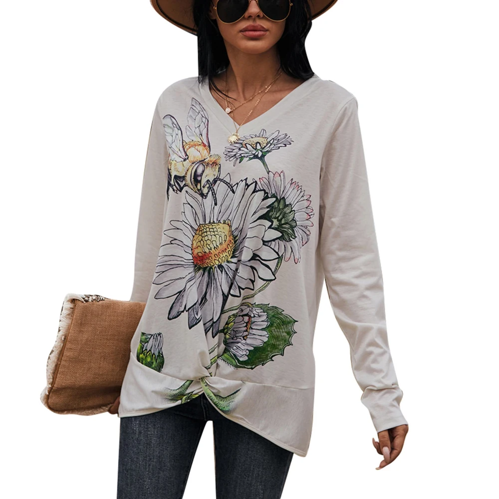 Woman V Neck Top 3D Print Long Sleeve Shirt Loose Comfortable Pullover Top for Working Shopping Beige XL