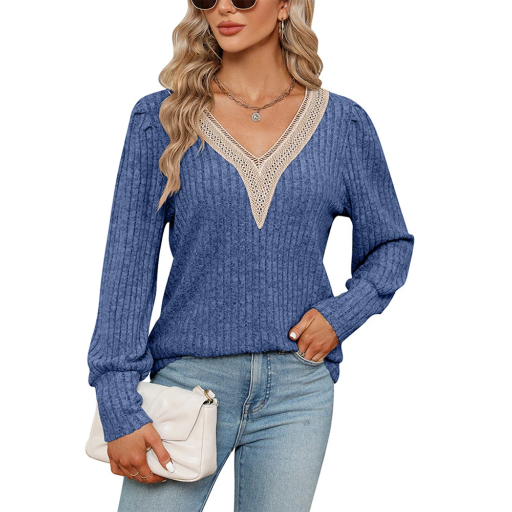 Women Long Sleeve V Neck Pullover Tops Autumn Fashion Casual Loose Lace Patchwork Women Long Sleeve Sweater Tops for Daily Party Dark Blue S