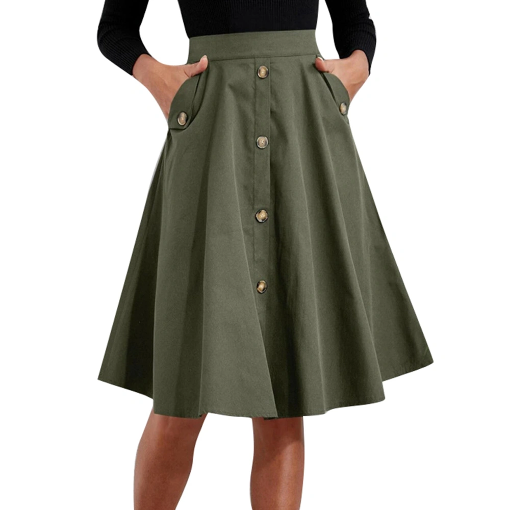 A Line Flared Skirt Plain Color Midi High Waisted Double Pocket Button Front Flared Skirt OD Green M