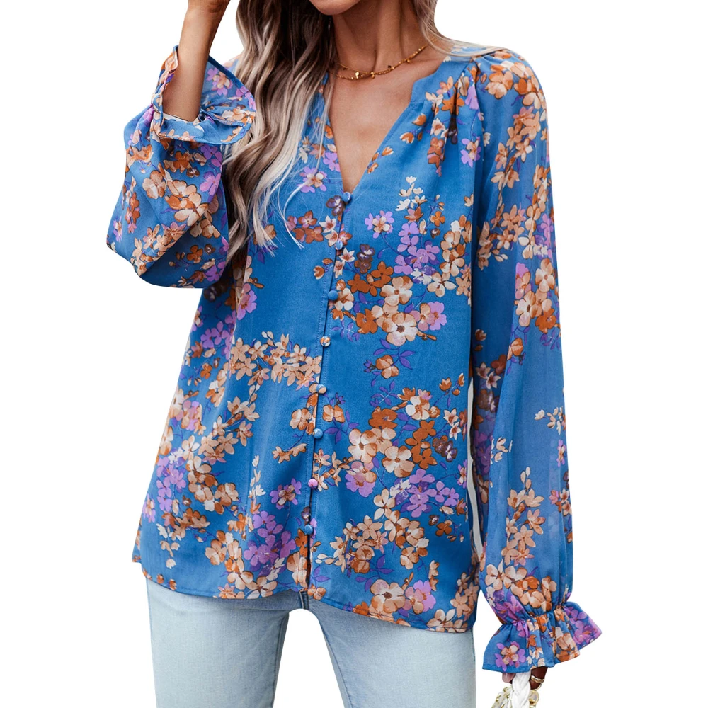 Women Long Sleeve Shirt V Neck Ruffle Cuffs Loose Fitting Casual Floral Printing Blouses for Daily Wear Blue XL