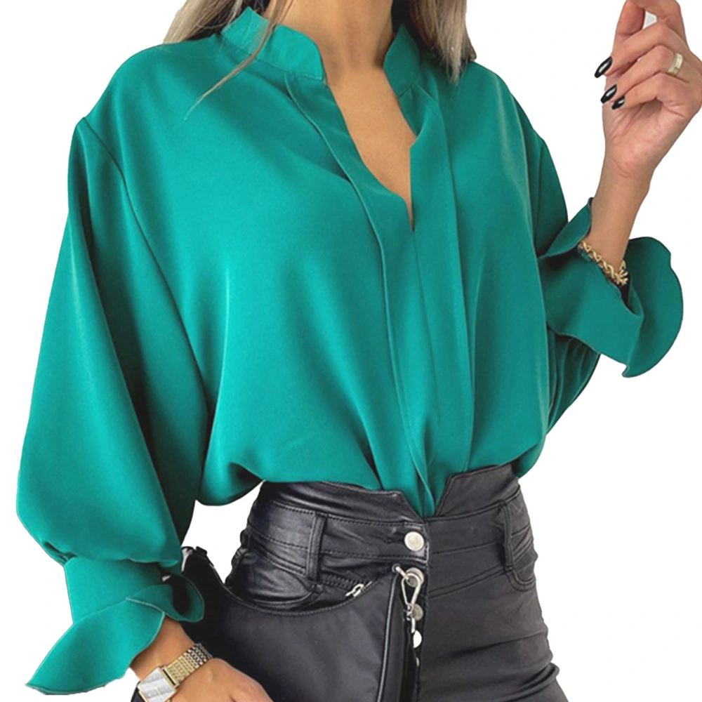 Women V Neck Long Sleeve Shirt Fashion Casual Pure Color Women Long Sleeve Loose Blouse for Daily Party Shopping Travel Dark Green XL