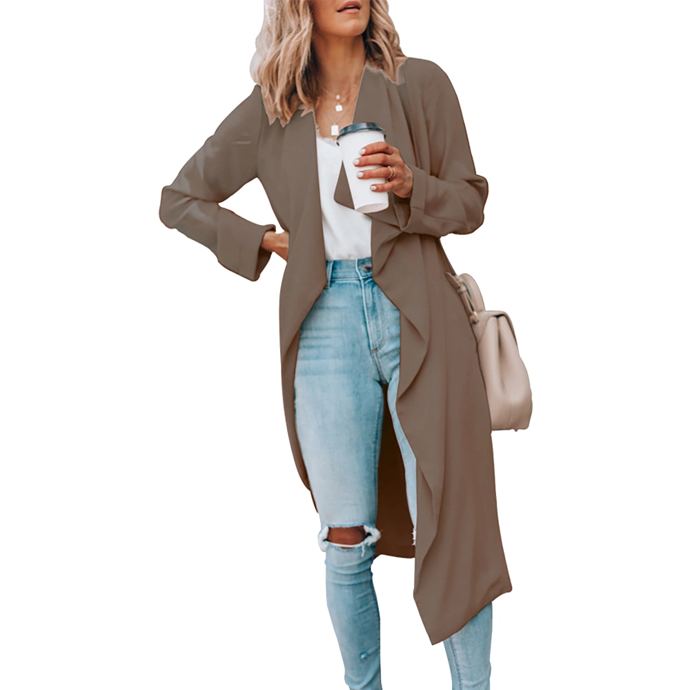 Women Trenchcoat Open Front Maxi Long Pure Color Soft Comfortable Women Overcoat for Outing Travel Party Brown S