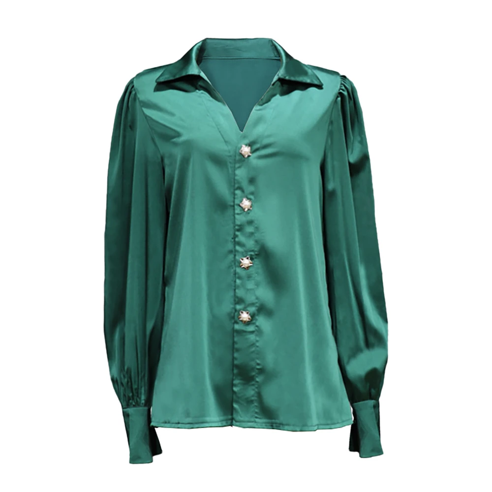 Women Satin V Neck Shirt Long Lantern Sleeve Button Up Loose Fit Elegant Casual Shirt Dark Green L