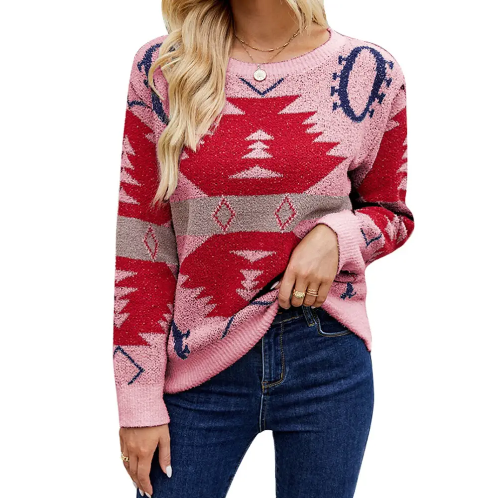 Women Christmas Pullover Sweater Crew Neck Long Sleeve Loose Fit Color Blocking Knitted Top Pink L