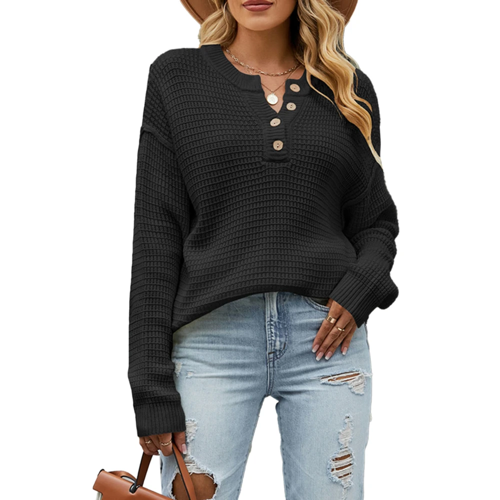 Woman Knit Round Neck Sweater Button Front Pure Color Long Sleeve Comfortable Pullover Sweater Black M