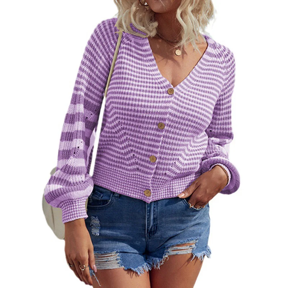 Color Block Knitted Sweater Outerwear V Neckline Stripe Casual Fitted Long Sleeve Button Up Sweater for Women Purple S