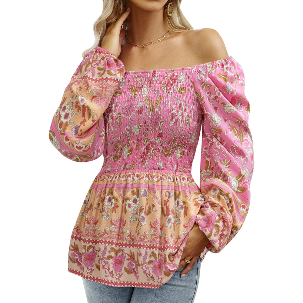 Women Off Shoulder Top Long Puff Sleeves Bust Pleated Loose Hem Floral Printing T Shirt Pink XL