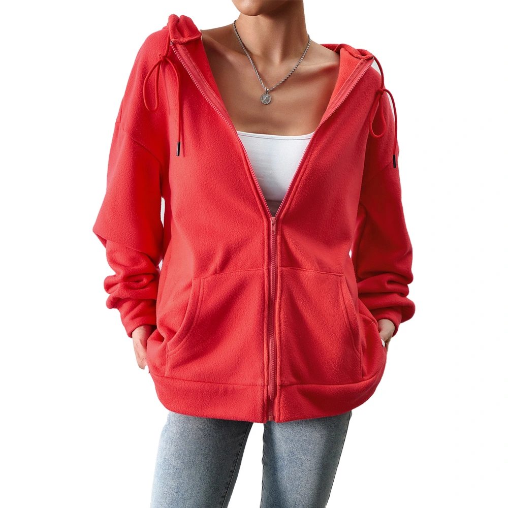 Women Hoodie Jacket Sweatshirt Drawstring Zip Up Long Sleeves Pure Color Large Pockets for Office Travel Red L