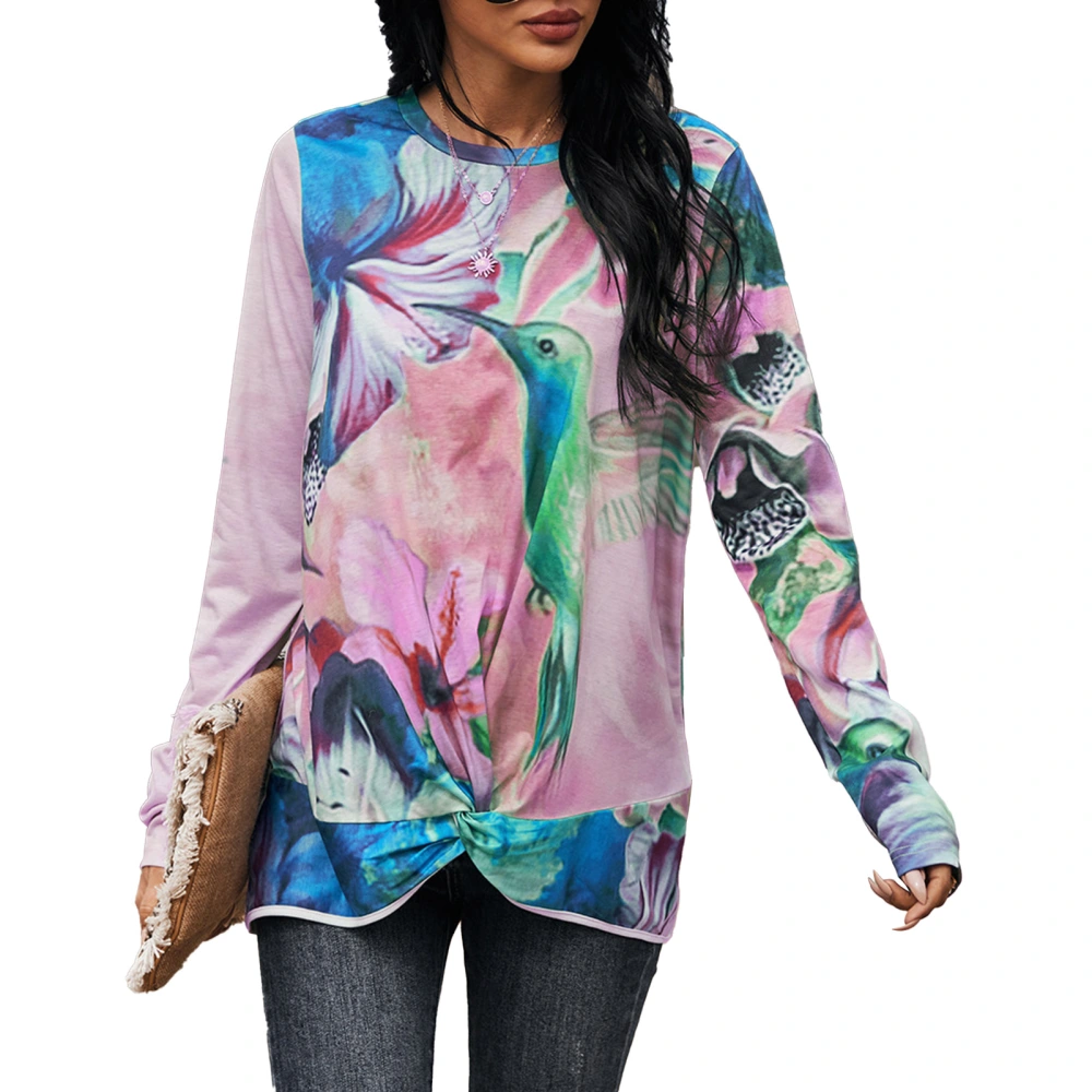 Women Graphic Printing Tunic Top Long Sleeve Twist Knot Loose Fit Crew Neck Pullover Shirt Aubergine M