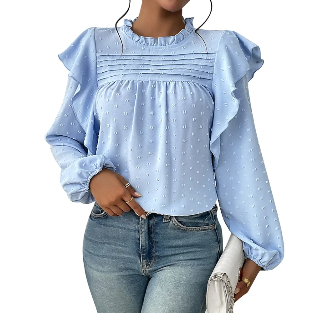 Jacquard Frill Trim Blouse Long Sleeve Elegant Round Neck Blouse Top for Women Lady Blue XL