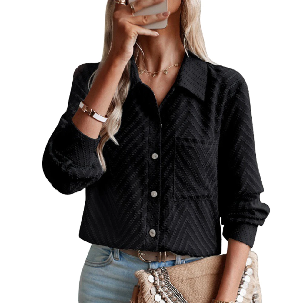 Women Long Sleeve Button Up Blouse Turn Down Collar Chest Pocket Pure Color Jacquard Shirt Top Black XL