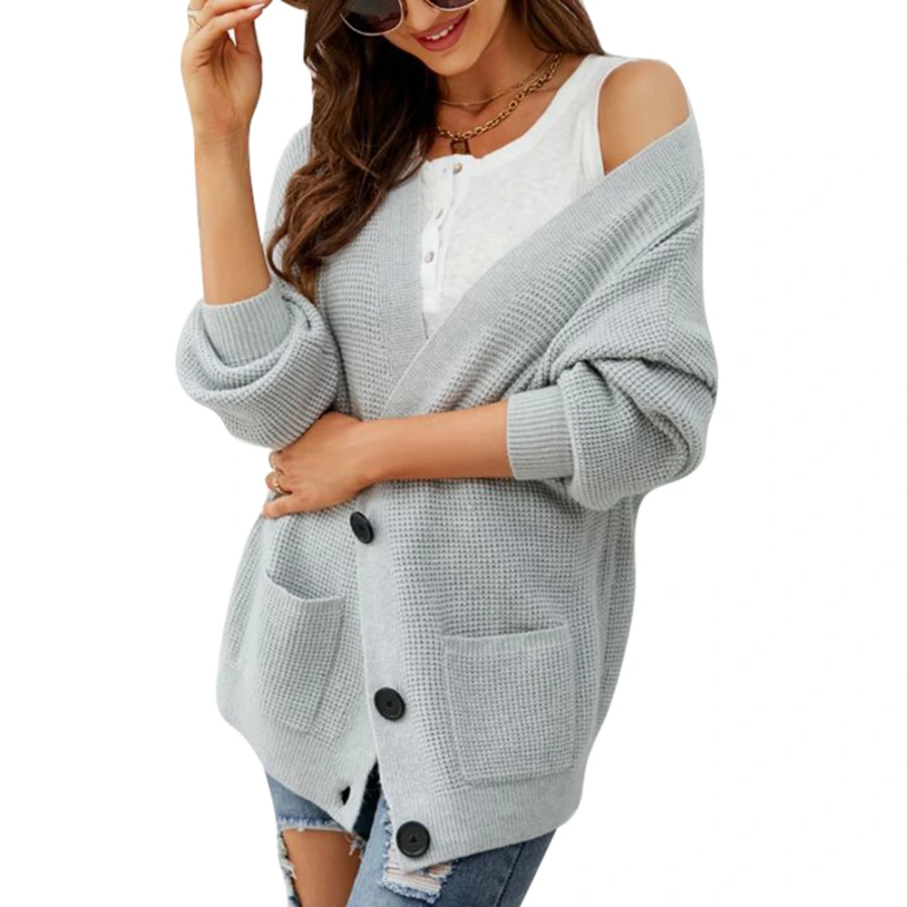 Women Open Front Sweater Button Up Pure Color Loose Fit V Neck Knit Outerwear with Pockets Grey XL