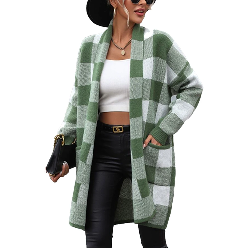 Women Knit Open Front Outwear Fashionable Loose Plaid Color Blocking Long Sleeve Open Front Sweater with Pockets Green S