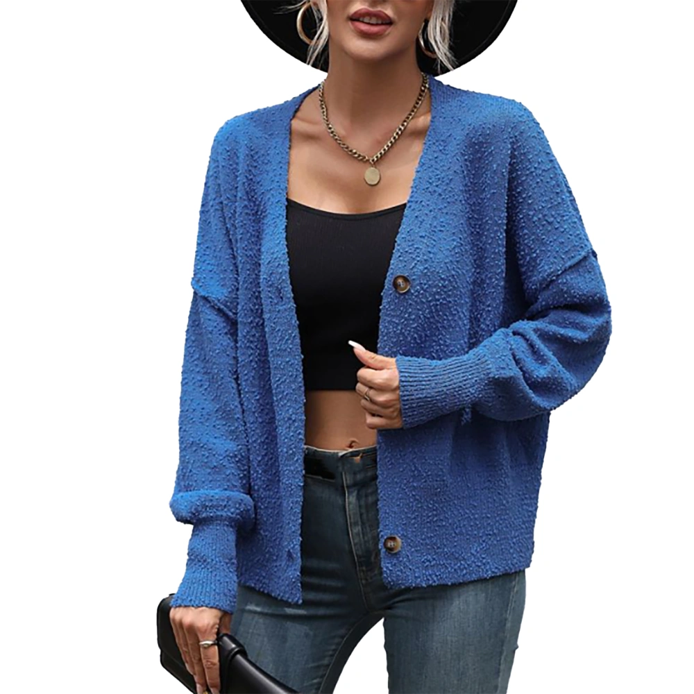 Women Open Front Sweater Button Down V Neck Long Sleeve Solid Color Knitwear Coat for Home Daily Wear Blue S