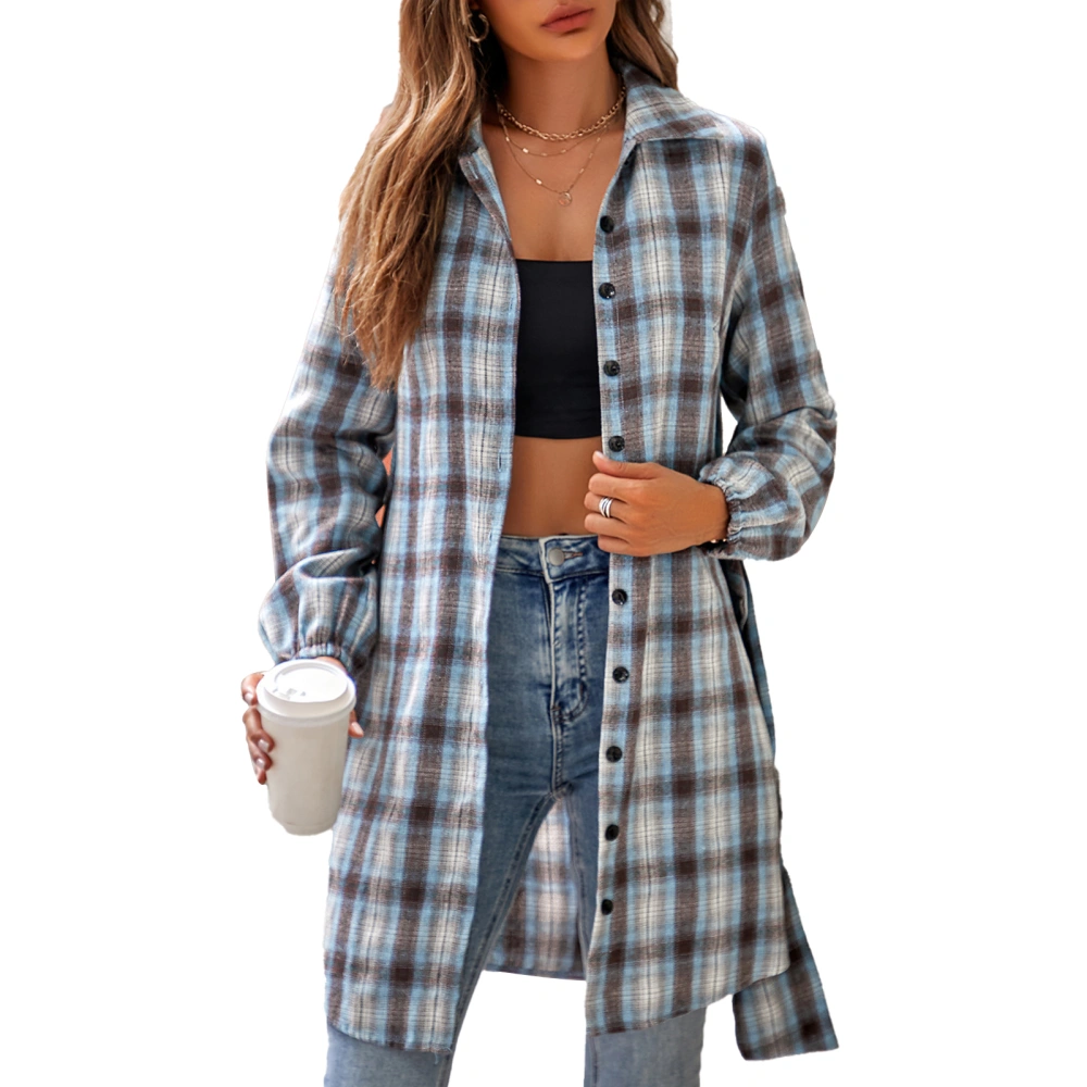 Women Plaid Jacket Turn Down Collar Button Up Back Bow Tie Long Sleeve Casual Shirt Top Blue M