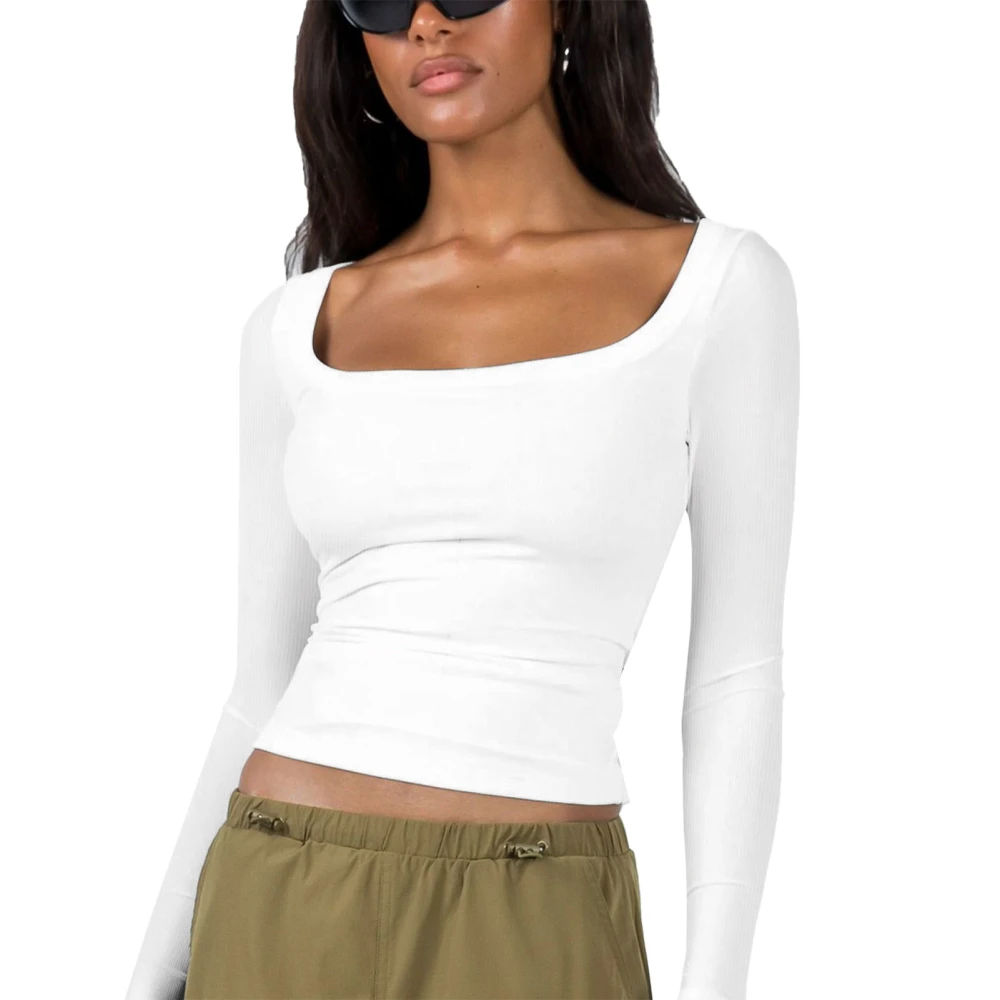 Women Ribbed Knit T Shirt Long Sleeve Slim Fit Basic Tee Top Scoop Top for Summer Fall White L