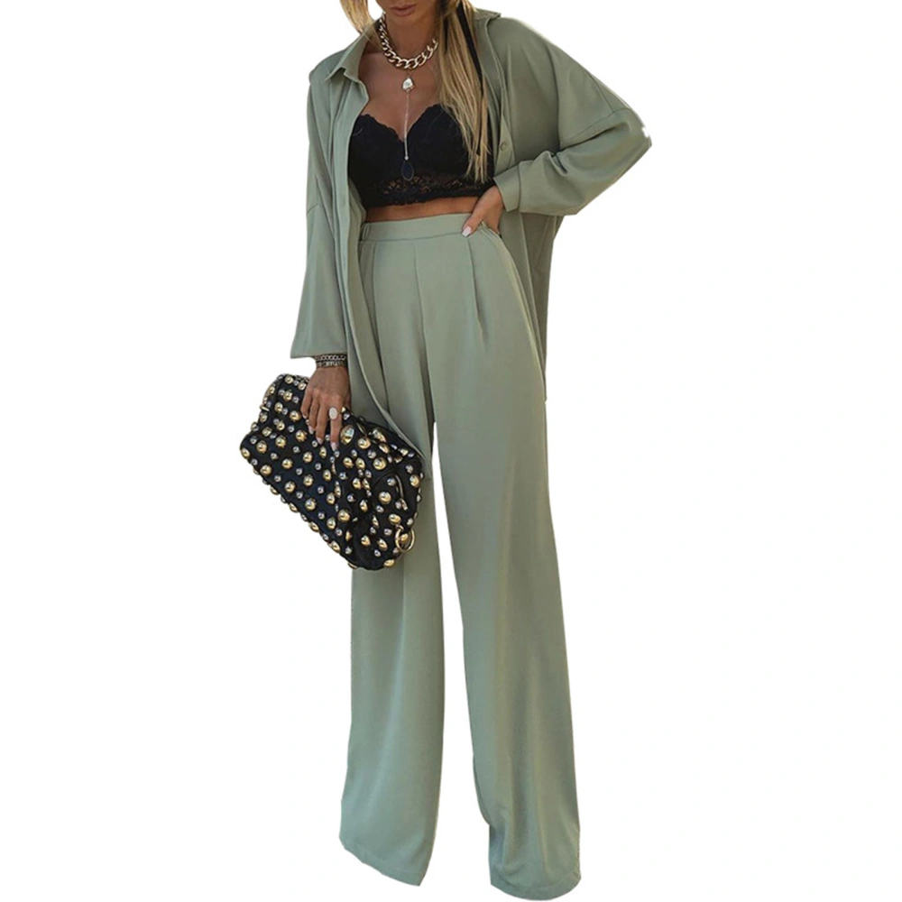 Women Two Piece Outfits Turn Down Collar Button Up Long Sleeves Top Wide Legs Long Pants Casual Set Green L