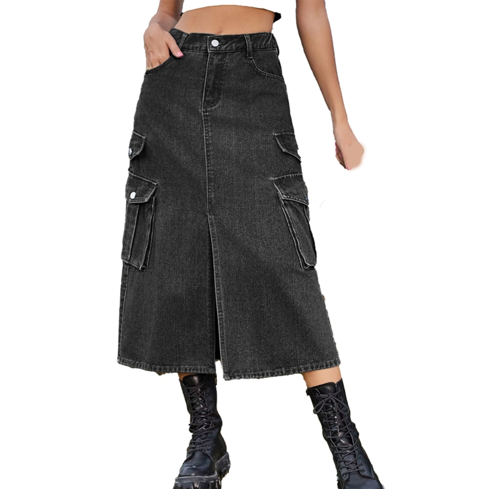 Woman Split Pockets Skirt Fashionable Pure Color Comfortable Skirt for Dating Working Black Gray L