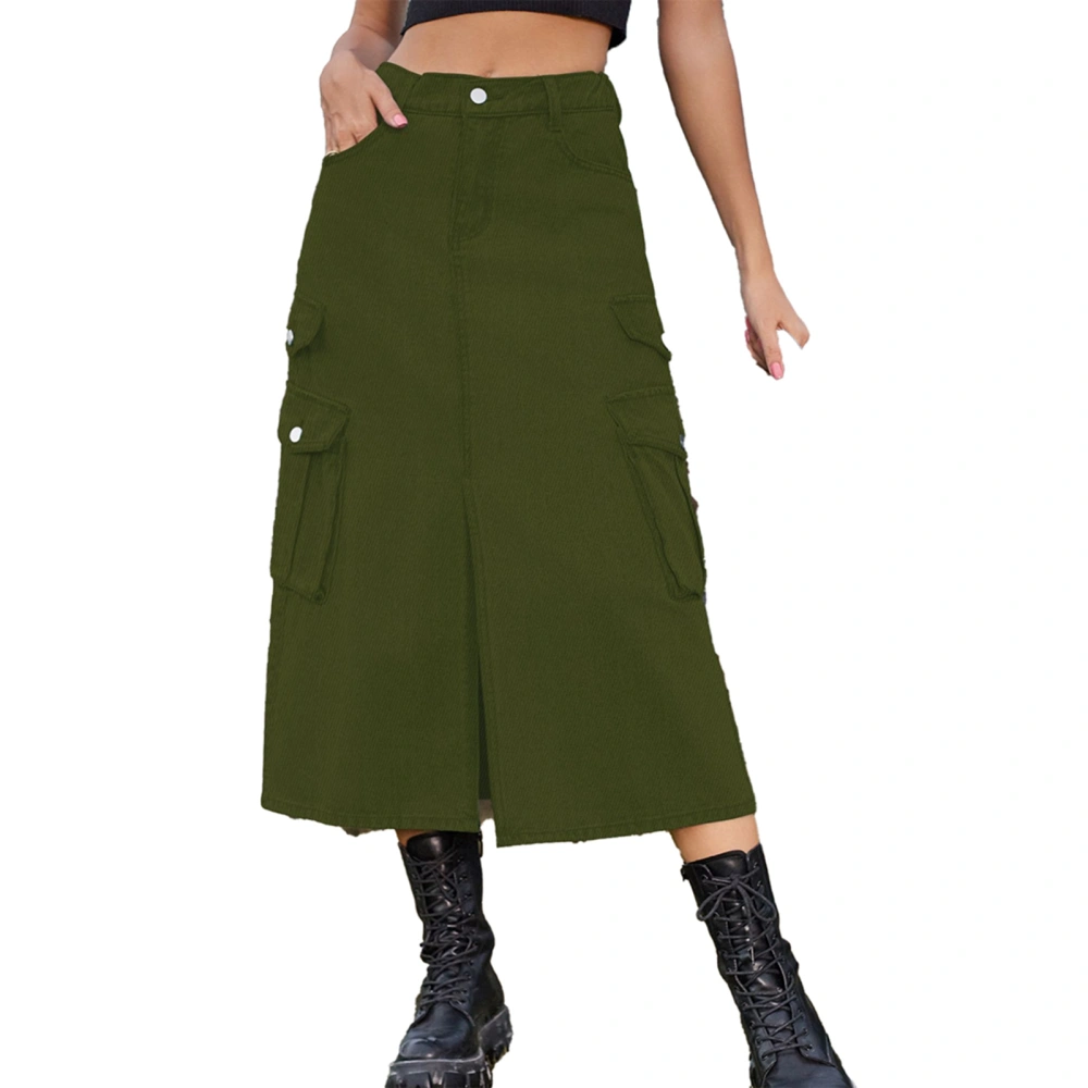 Woman Split Pockets Skirt Fashionable Pure Color Comfortable Skirt for Dating Working OD Green XXL