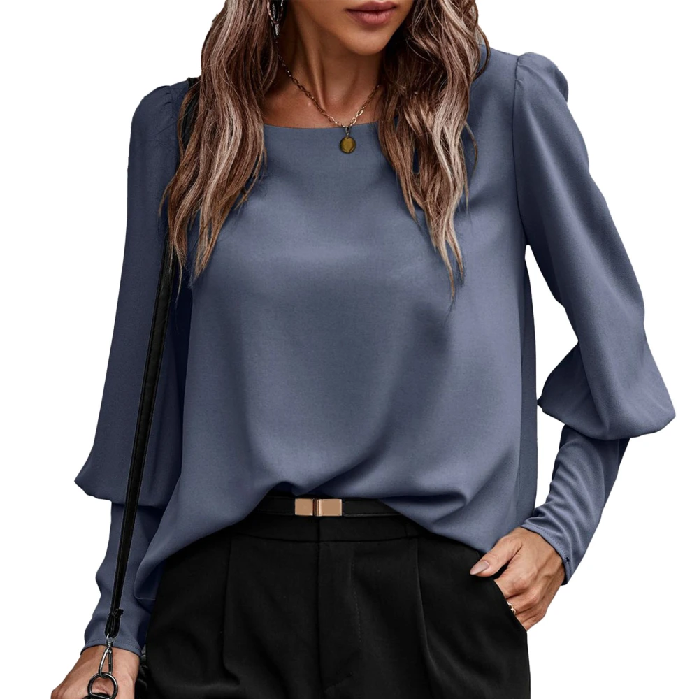 Women Blouse Crew Neck Long Puff Sleeves Pure Color Back Button Women Shirt for Fall Winter Grayish Blue XL