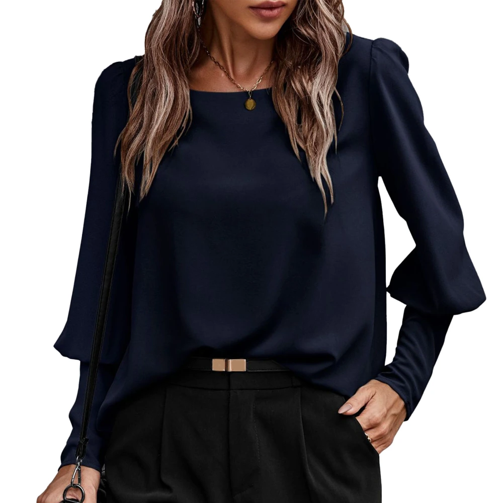 Women Blouse Crew Neck Long Puff Sleeves Pure Color Back Button Women Shirt for Fall Winter Dark Blue M