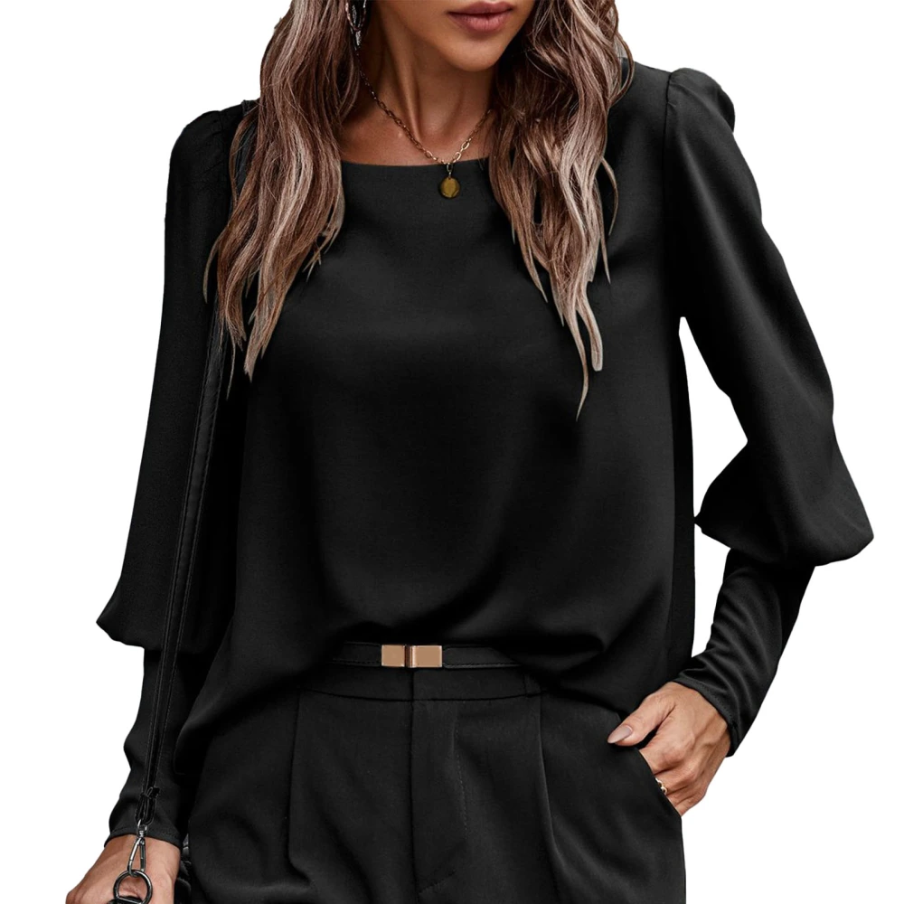 Women Blouse Crew Neck Long Puff Sleeves Pure Color Back Button Women Shirt for Fall Winter Black L