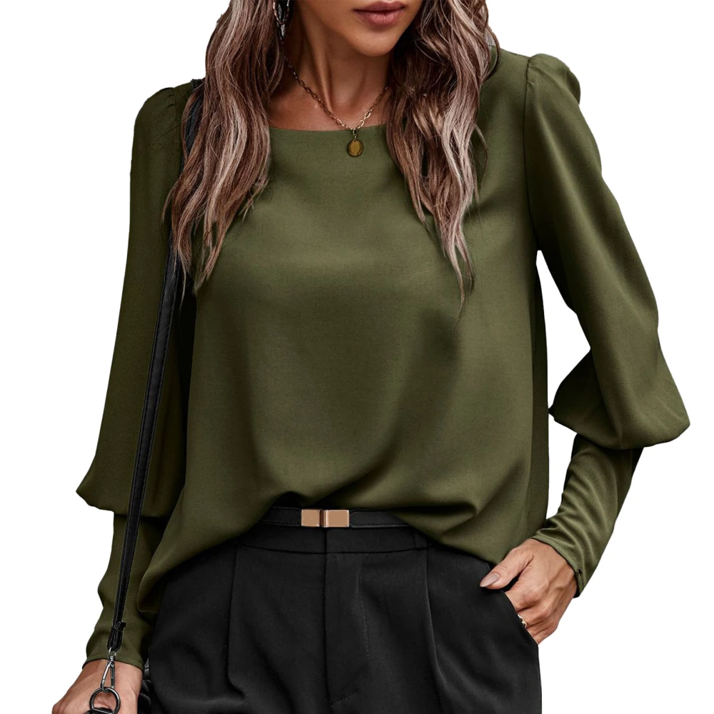 Women Blouse Crew Neck Long Puff Sleeves Pure Color Back Button Women Shirt for Fall Winter OD Green L