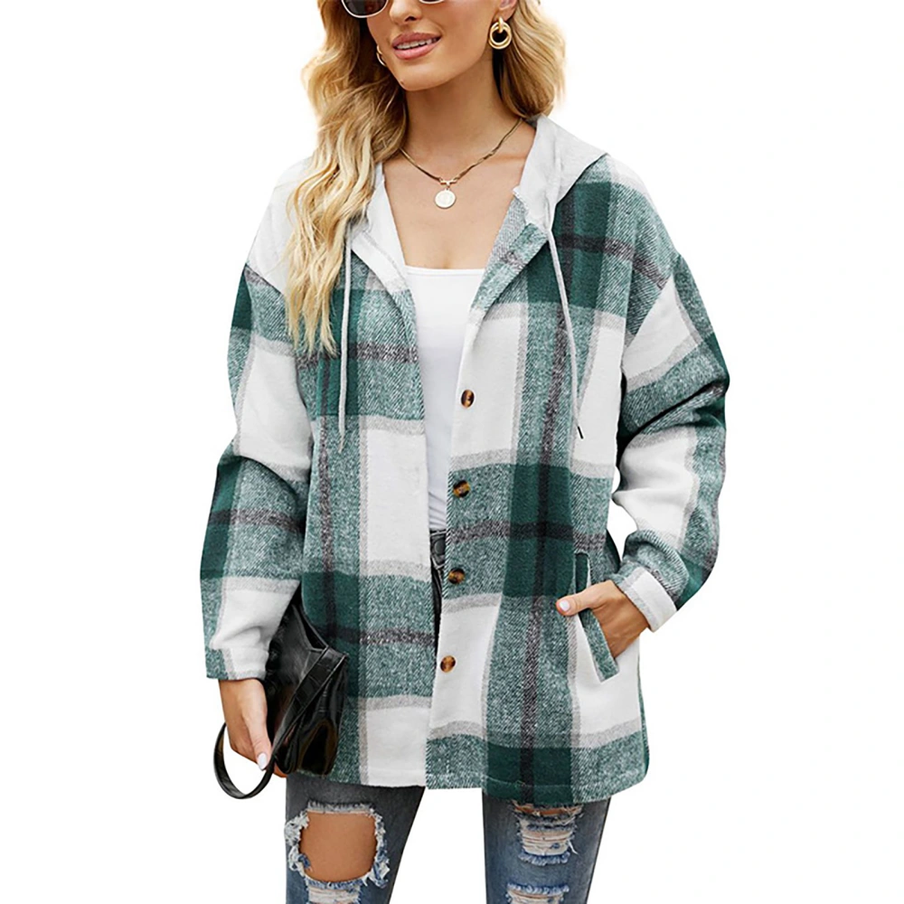 Woman Drawstring Plaid Coat Hooded Long Sleeve Single Breasted Pocketed Loose Leisure Coat Green M