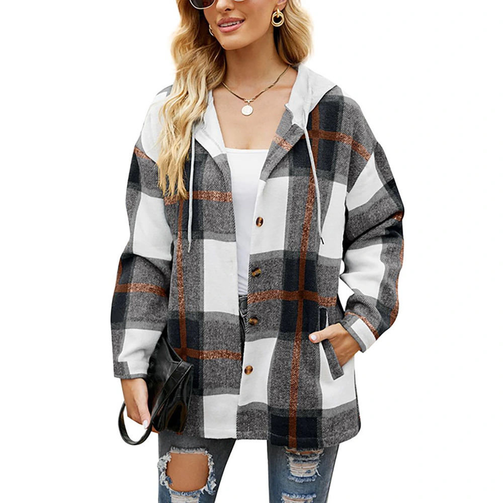 Woman Drawstring Plaid Coat Hooded Long Sleeve Single Breasted Pocketed Loose Leisure Coat Black L