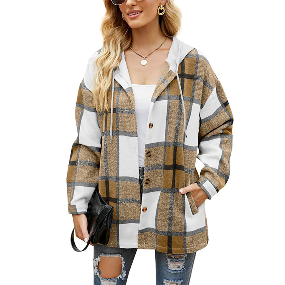 Woman Drawstring Plaid Coat Hooded Long Sleeve Single Breasted Pocketed Loose Leisure Coat Khaki L