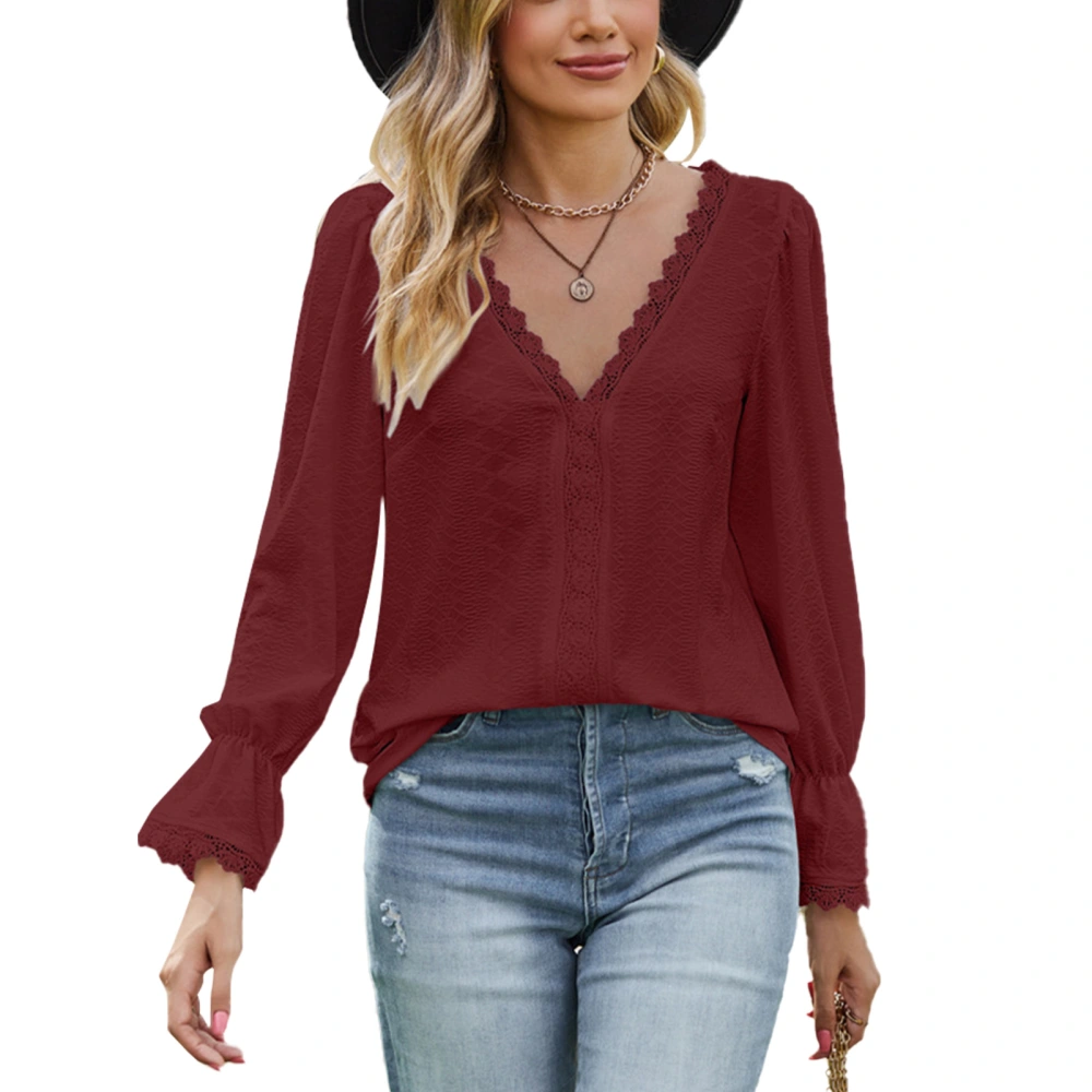 Women V Neck T Shirt Lace Splicing Long Bell Sleeves Pure Color Casual Jacquard Loose Blouse Wine Red XXL