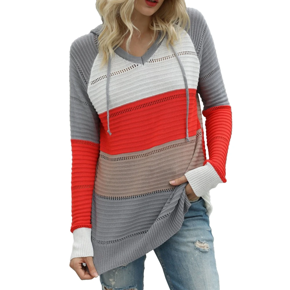 V Neck Color Block Striped Hollow Hooded Sweater Women Pullover Split Knit Sweatshirt Drawstring Hoodie Grey and Orange L