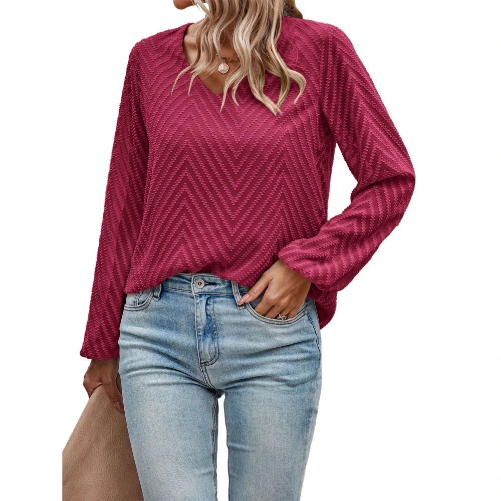 V Neck Wave Pattern Blouse Plain Color Fashionable Long Lantern Sleeve Blouse Top for Women Burgundy L