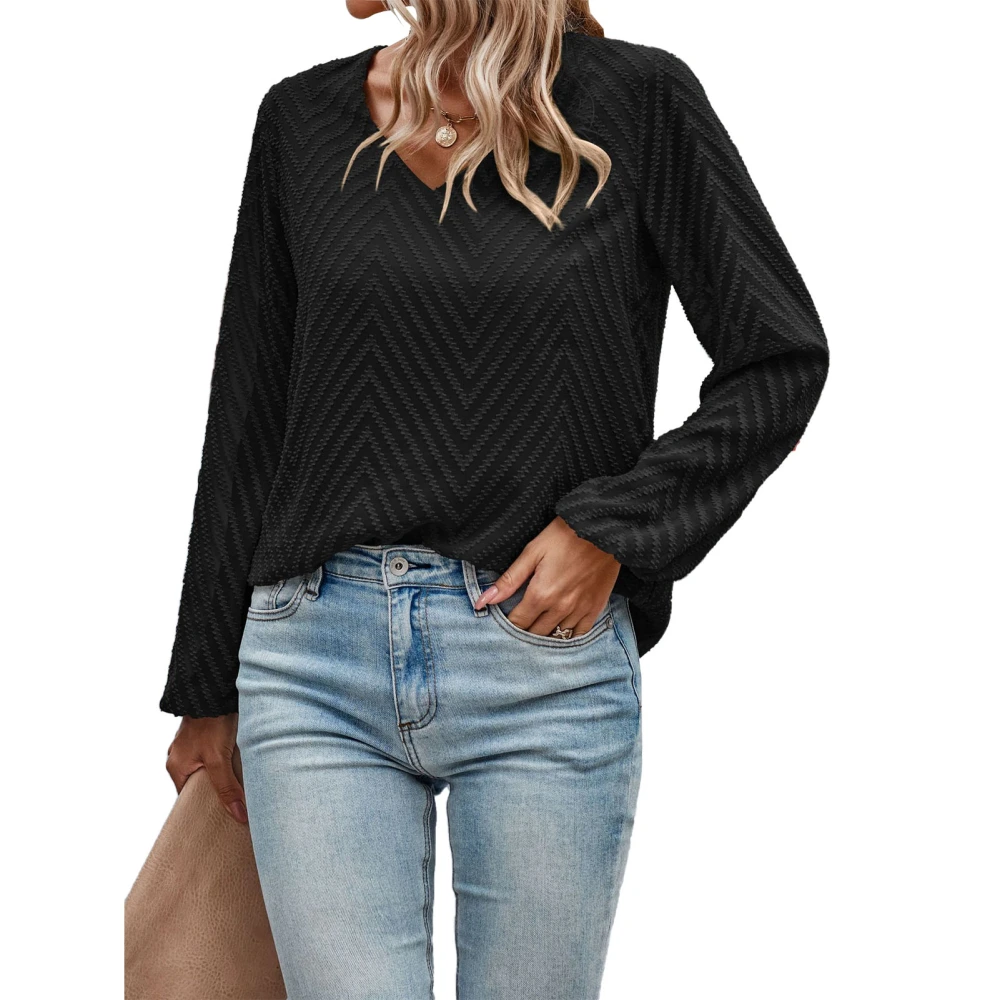 V Neck Wave Pattern Blouse Plain Color Fashionable Long Lantern Sleeve Blouse Top for Women Black S