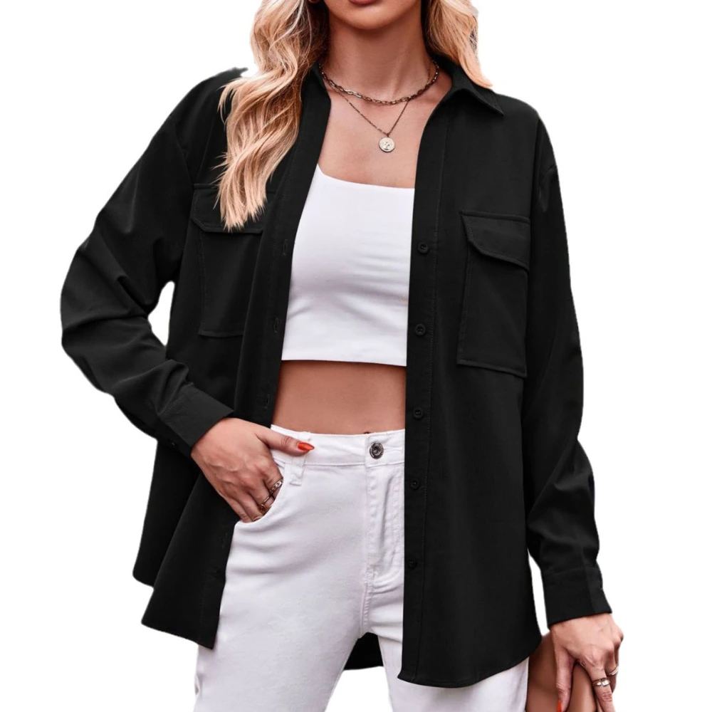 Women Shirt Turndown Collar Button Up Long Sleeve Loose Fit Pure Color Casual Lady Blouse with Dual Pockets Black S