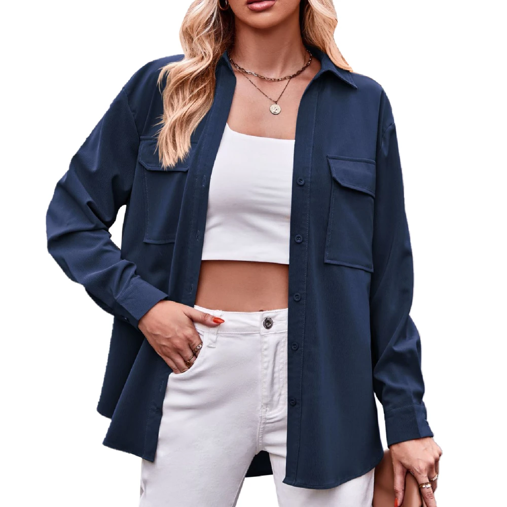 Women Shirt Turndown Collar Button Up Long Sleeve Loose Fit Pure Color Casual Lady Blouse with Dual Pockets Royalblue S