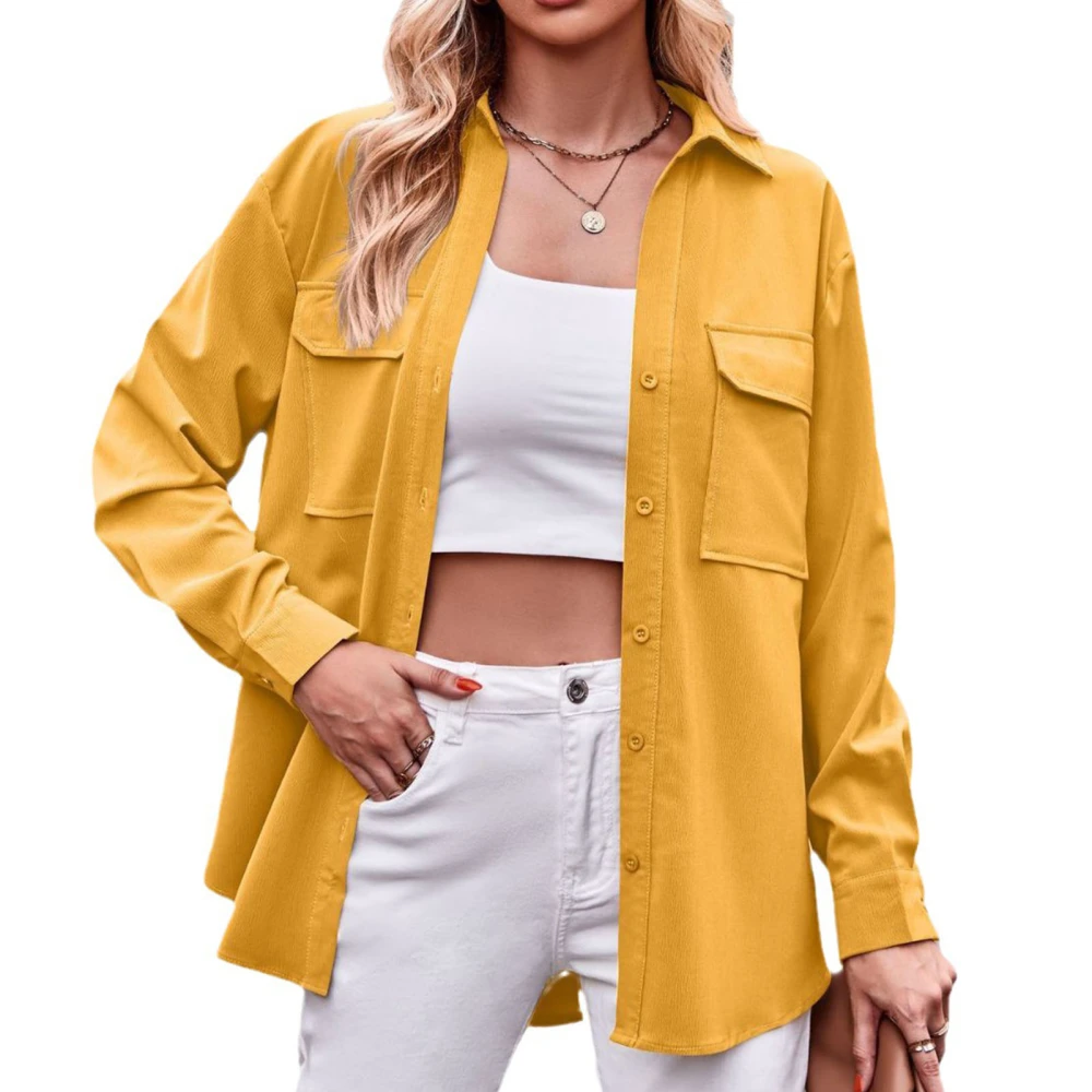 Women Shirt Turndown Collar Button Up Long Sleeve Loose Fit Pure Color Casual Lady Blouse with Dual Pockets Ginger XXL