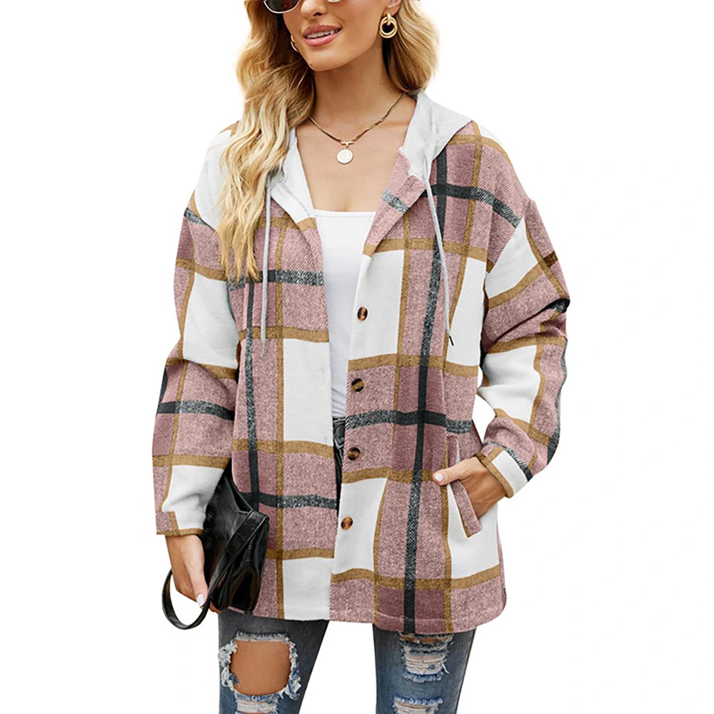 Woman Drawstring Plaid Coat Hooded Long Sleeve Single Breasted Pocketed Loose Leisure Coat Pink L