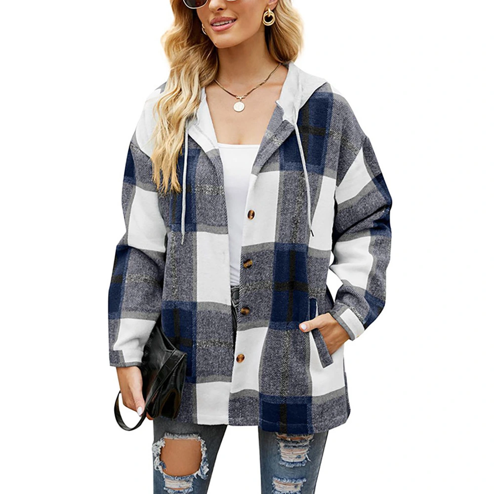 Woman Drawstring Plaid Coat Hooded Long Sleeve Single Breasted Pocketed Loose Leisure Coat Dark Blue M