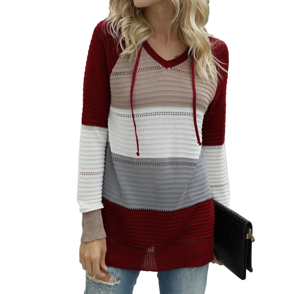 V Neck Color Block Striped Hollow Hooded Sweater Women Pullover Split Knit Sweatshirt Drawstring Hoodie Burgundy M