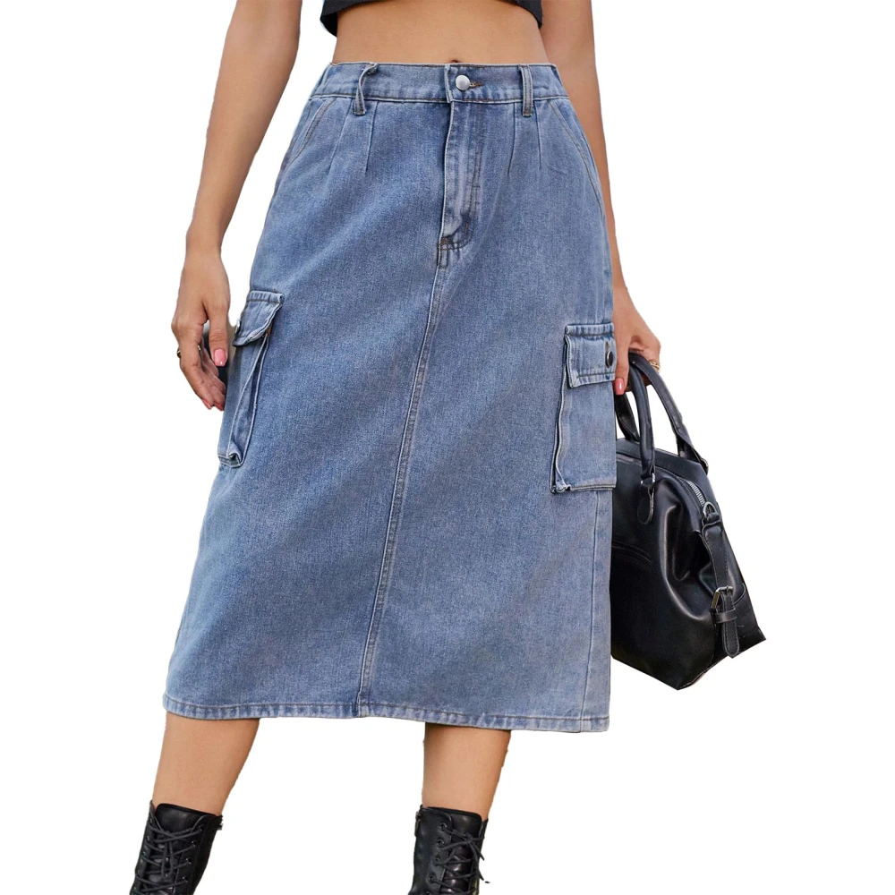 Split Midi Skirt High Waisted Fashionable Plain Color A Line Midi Skirt for Women Dating Blue XXL