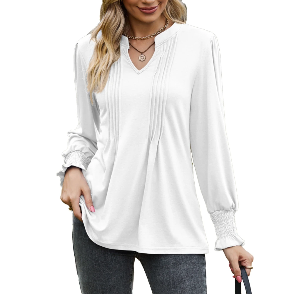 Women Shirt Solid Color Pleated Look Puff Sleeves Jacket V Neck Long Sleeve Bottoming Shirt Blouse White S