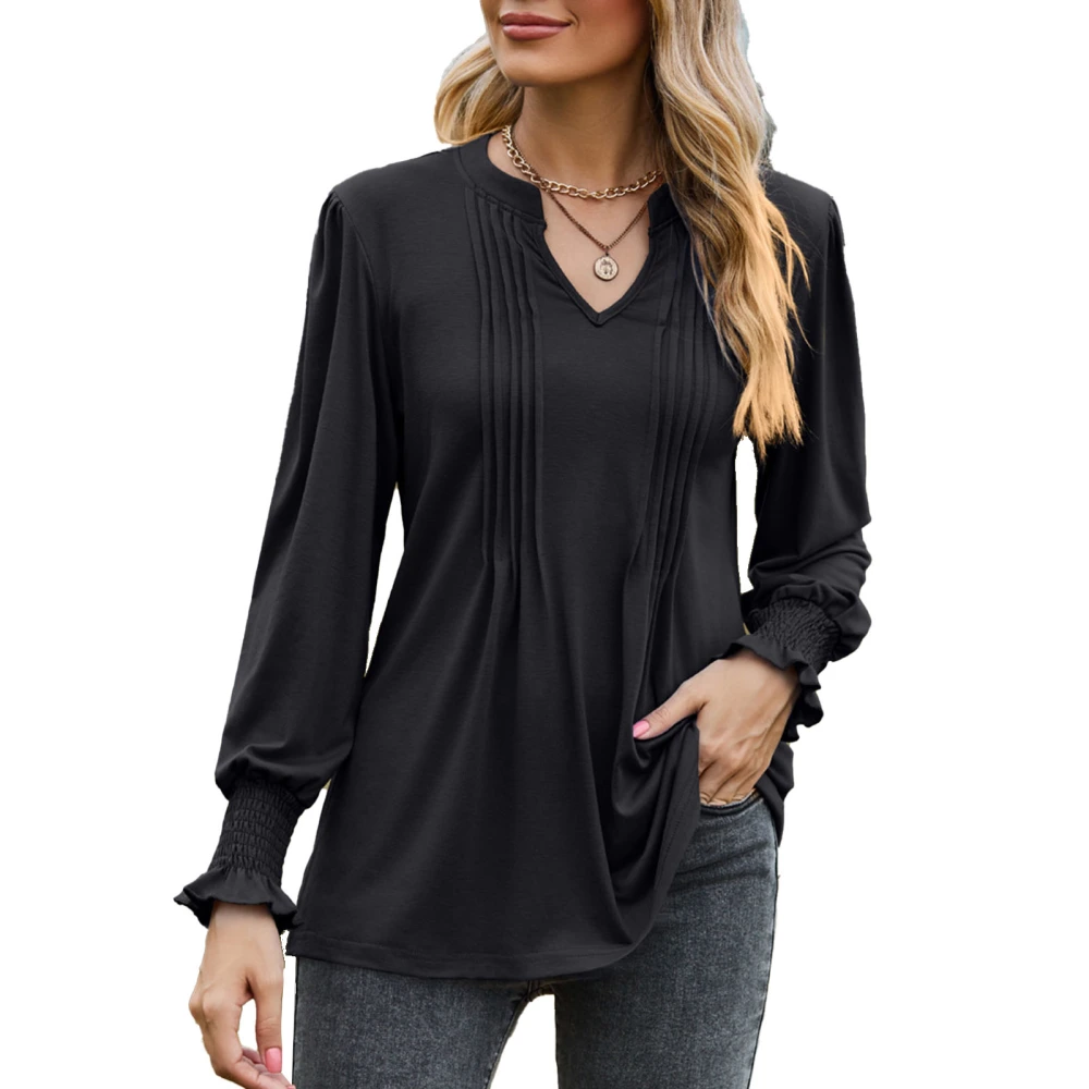 Women Shirt Solid Color Pleated Look Puff Sleeves Jacket V Neck Long Sleeve Bottoming Shirt Blouse Black M