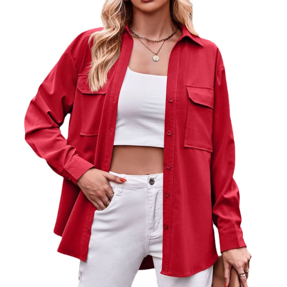 Women Shirt Turndown Collar Button Up Long Sleeve Loose Fit Pure Color Casual Lady Blouse with Dual Pockets Jujube Red XL