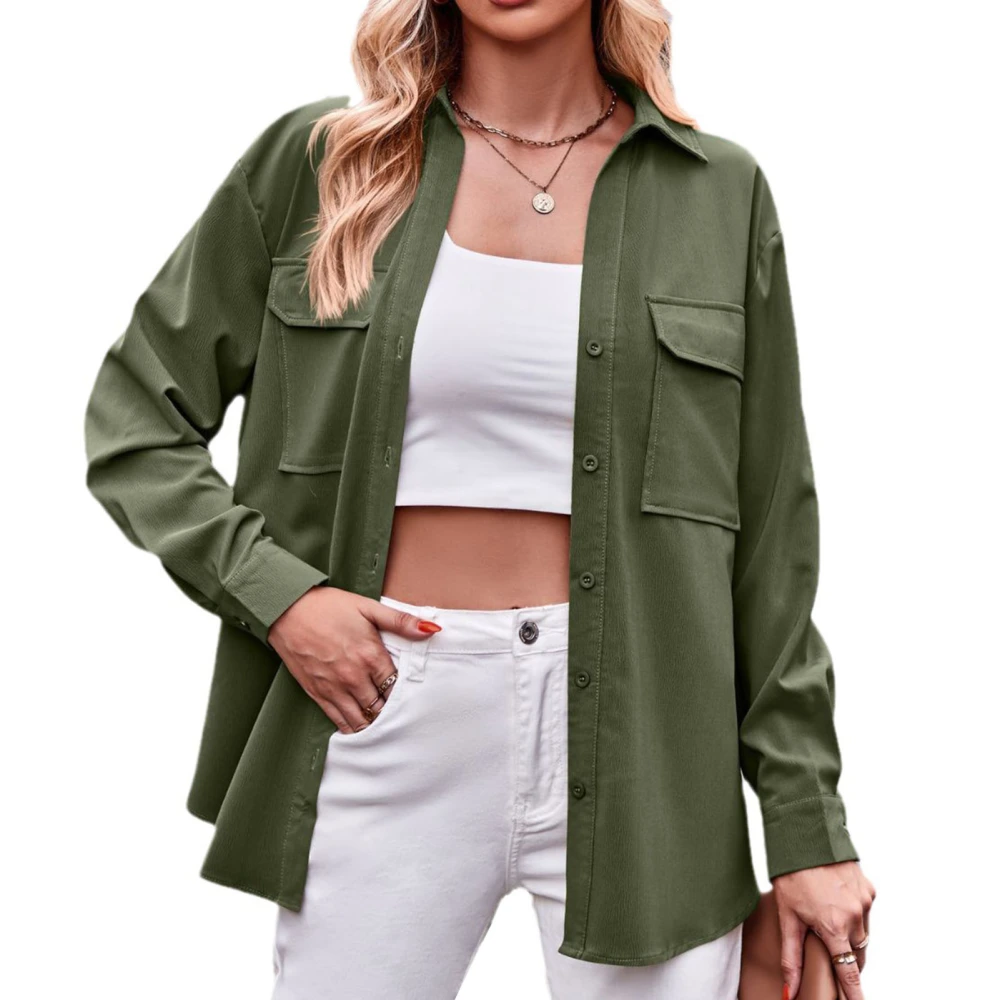 Women Shirt Turndown Collar Button Up Long Sleeve Loose Fit Pure Color Casual Lady Blouse with Dual Pockets OD Green XL