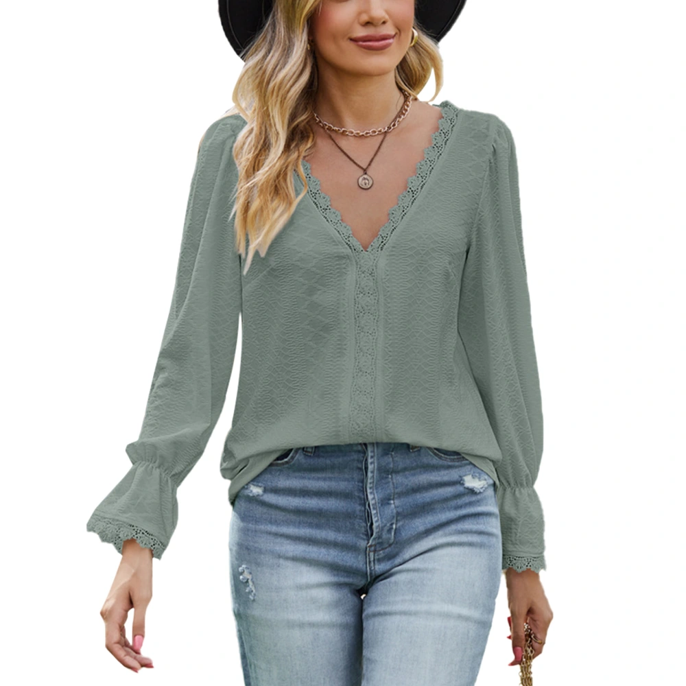 Women V Neck T Shirt Lace Splicing Long Bell Sleeves Pure Color Casual Jacquard Loose Blouse Dark Green S