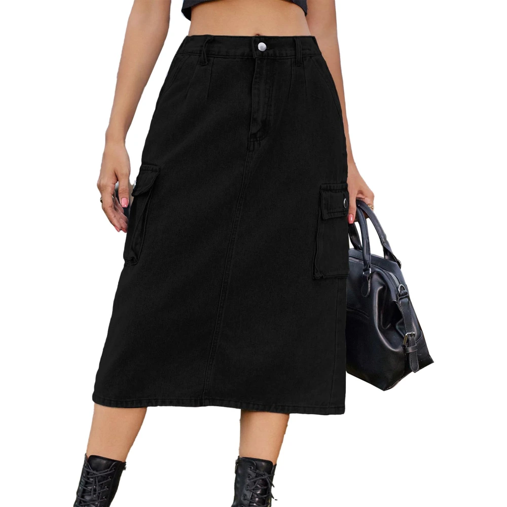 Split Midi Skirt High Waisted Fashionable Plain Color A Line Midi Skirt for Women Dating Black XL